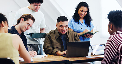 Buy stock photo Meeting, happy or team in agency with laptop, advertisement planning or research on brand promotion. Smile, people or marketing group with tech, campaign strategy or brainstorming for company growth.