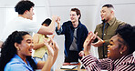 People, students and classroom with fist bump, good news and lesson success for passing exam. Smile, friends and high five at university for well done, celebration and academic progress for education