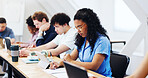 University student, woman and writing notes with tablet, education assignment or knowledge research. Tech, college and person study with notebook in class, test preparation and learning in lesson
