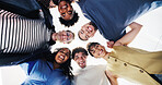 Portrait, team and huddle with business people in office for startup founder, diversity and support. Happy, solidarity and entrepreneur firm with employees in agency for partnership and low angle