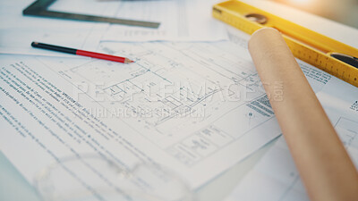 Buy stock photo Sketch, construction and paper with blueprint with documents for building, tools or expansion. Architecture, infrastructure engineering or renovation with floor plan for property developer or project