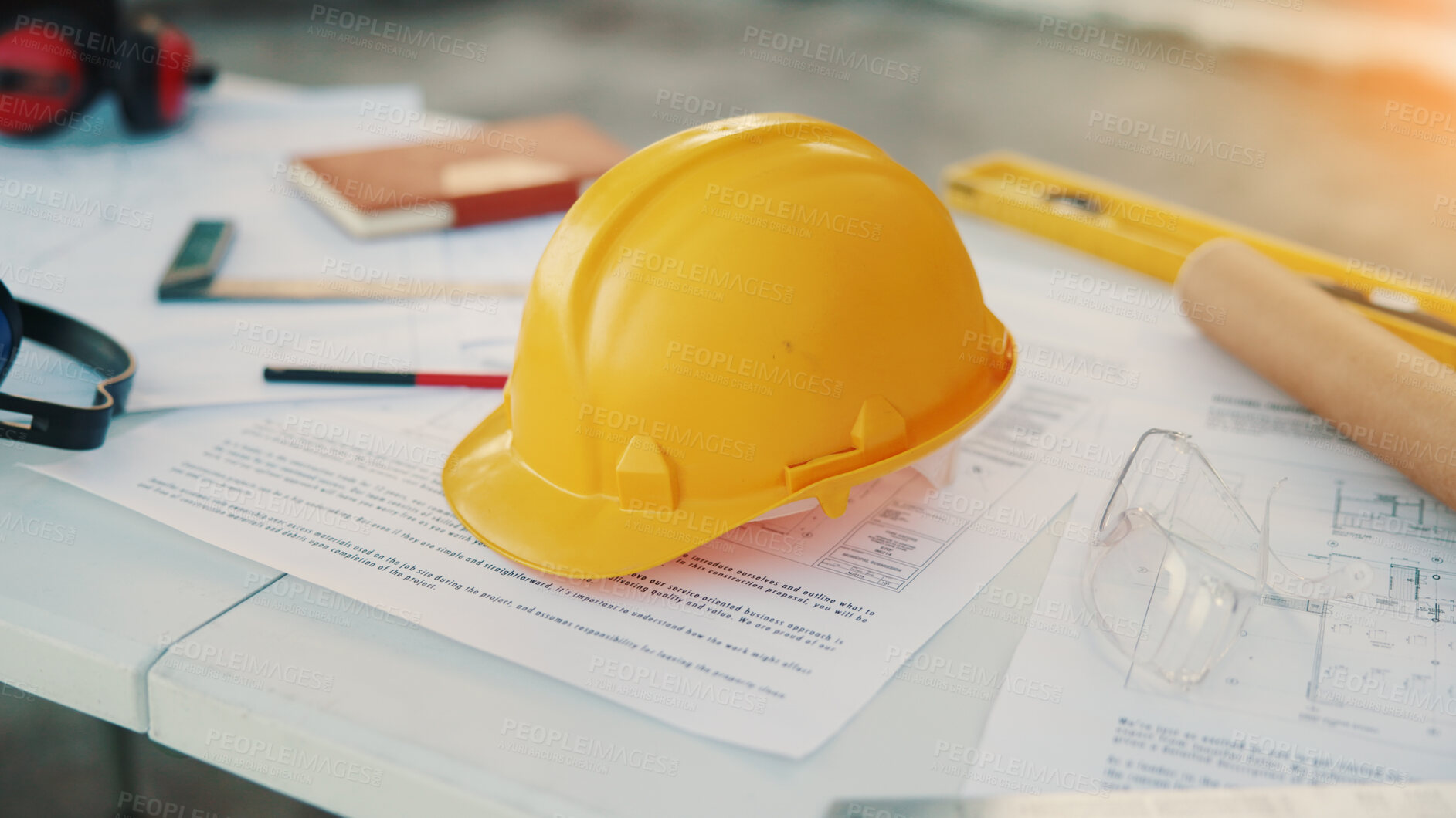 Buy stock photo Helmet, construction and paper with blueprint with documents for building, tools or expansion. Architecture, infrastructure engineering or renovation with floor plan for property developer or project