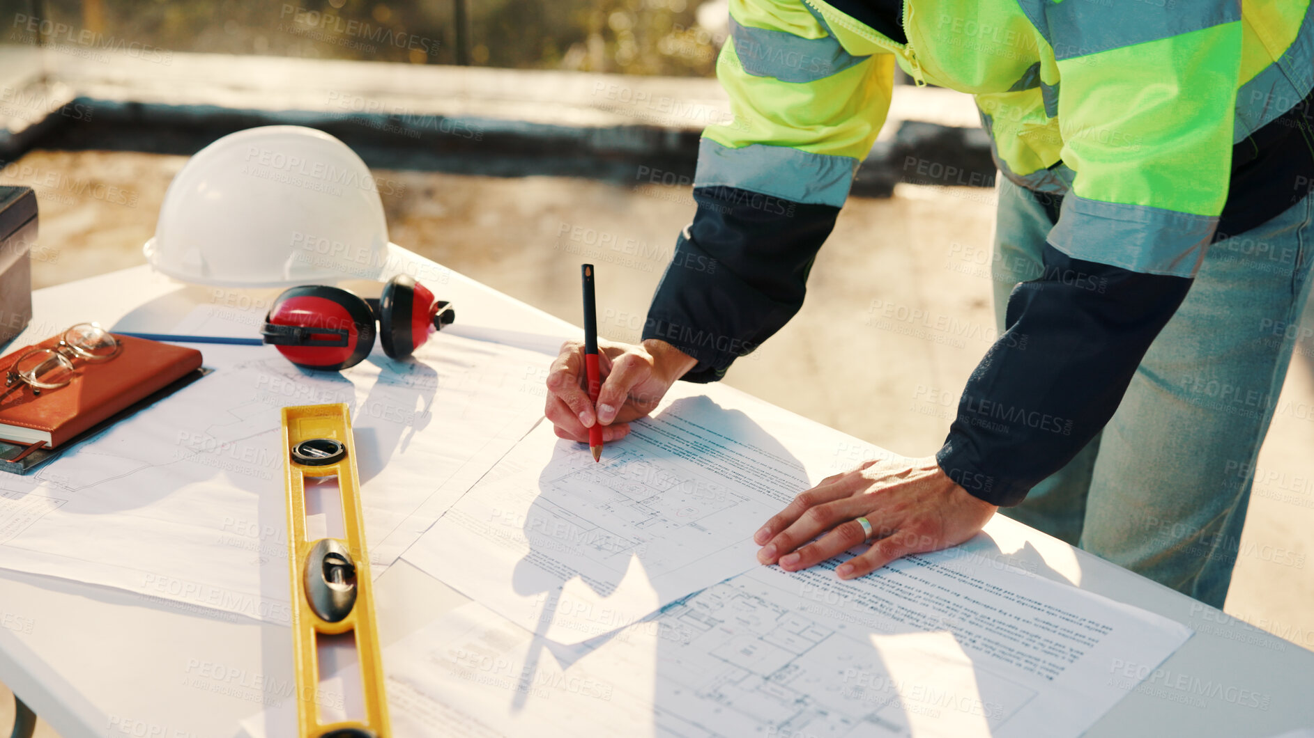 Buy stock photo Drawing, architecture and hands with blueprint with documents for building, tools or expansion. Construction, infrastructure engineer or renovation with floor plan and person for property developer