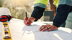 Draft, architecture and hands with blueprint with documents for building, tools or expansion. Construction, infrastructure engineer or renovation with floor plan and person for property developer