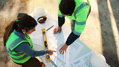 Buy stock photo Team, architecture and people with blueprint with documents for building, review or expansion. Construction, infrastructure engineer or above with floor plan and employee for property developer