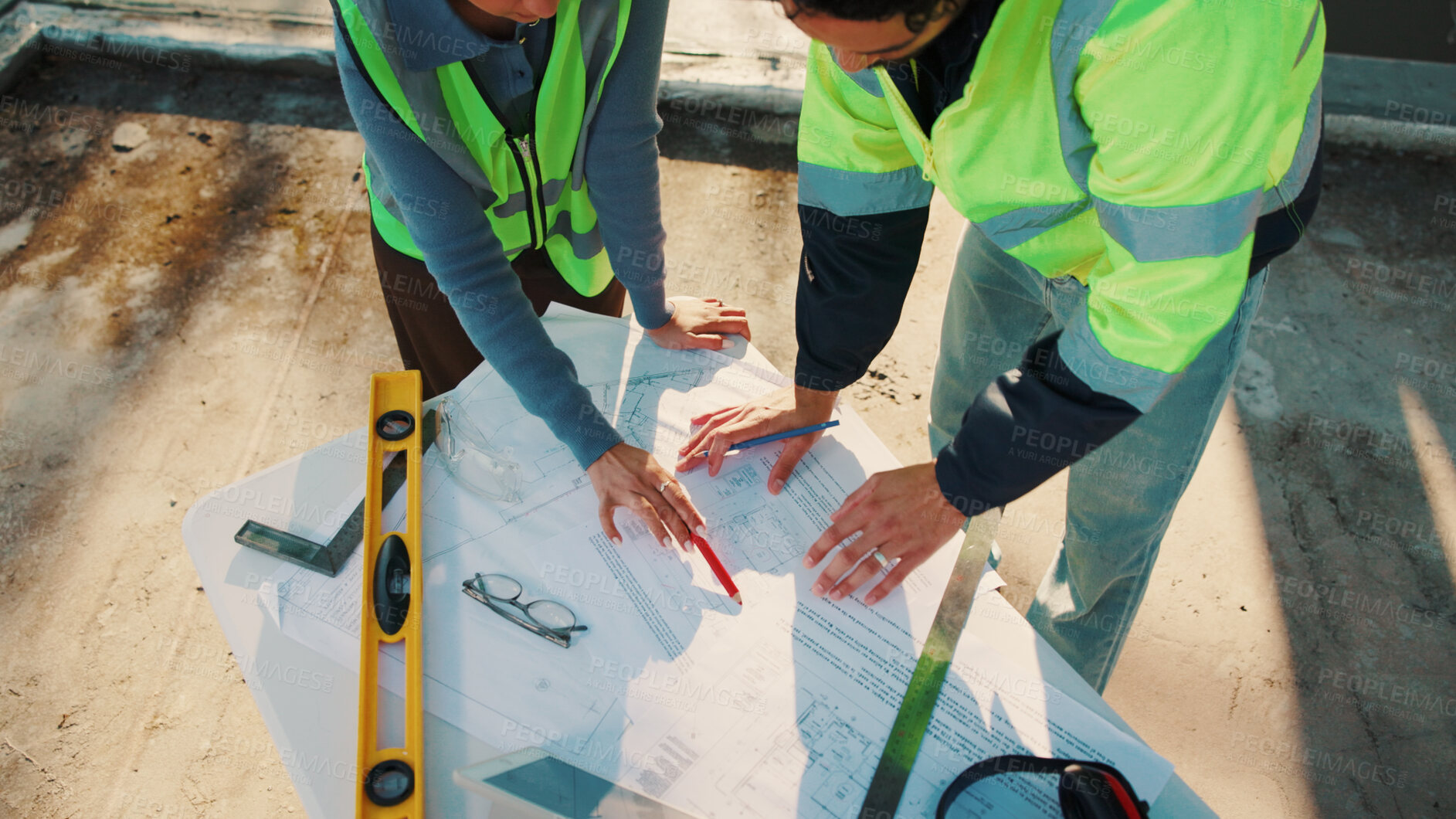 Buy stock photo Team, engineer and people with blueprint with documents for building, review or expansion. Construction, infrastructure  or above with floor plan and employee for property developer and architecture