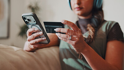 Buy stock photo Woman, hands and phone in home with credit card, set up digital wallet and app for online shopping. Person, tech and internet banking on sofa with website, EFT or payment plan for ecommerce purchase.