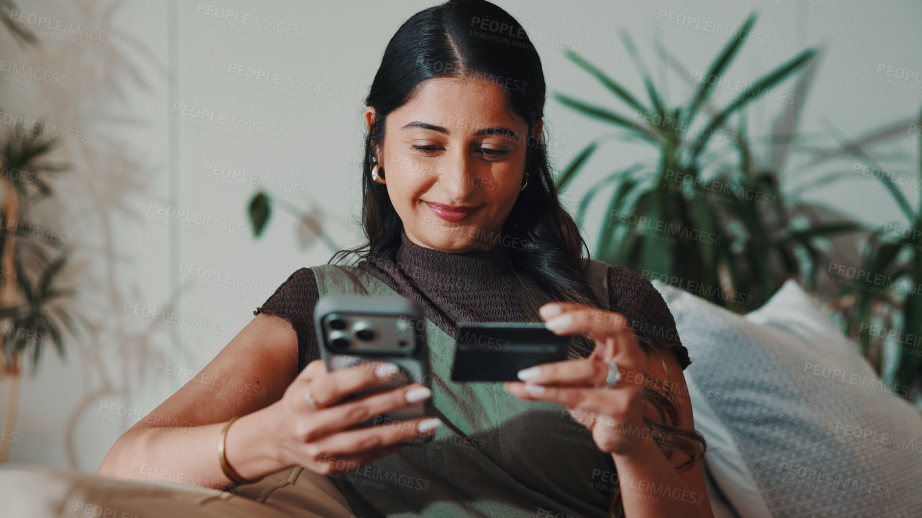 Buy stock photo Happy, woman and phone in home with credit card, set up digital wallet and app for online shopping. Person, tech and internet banking on sofa with website, EFT or payment plan for ecommerce purchase.