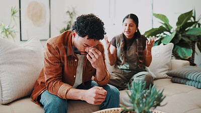 Buy stock photo Man, stress and couple with conflict in home, fight or infidelity with frustrated person and partner. Upset, argument and cheating betrayal with people in living room, relationship crisis or affair