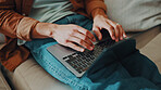 Man, hands and remote work in home with laptop, browse internet and editing copywriting on website. Freelance copywriter, person and typing in house with computer, research and creative campaign.