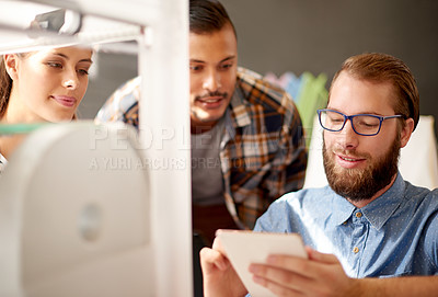 Buy stock photo 3d printing, tablet and designer in office with technology for planning, manufacturing or people with ideas. Polymer prototype, team and work on design, production or creative innovation in startup