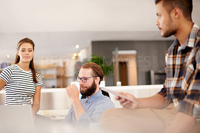Buy stock photo Startup, teamwork and business people in meeting with tablet, laptop and multimedia project for digital agency. Research, market trends and creative designers with technology, ideas or collaboration