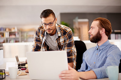 Buy stock photo Men, design team and laptop in office for meeting, project feedback and advice for creativity. Designers, creative and brainstorming at computer for website layout, company research and collaboration