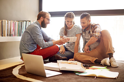 Buy stock photo Creative, employees and discussion with tablet on floor for web design, project management and brainstorming. Food, teamwork and people with digital tech in office for online research and deadline