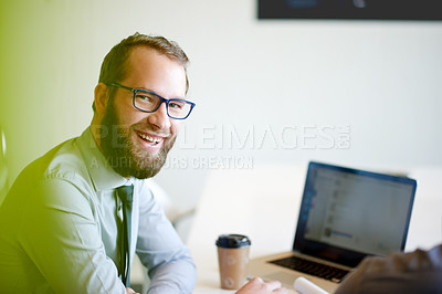 Buy stock photo Businessman, portrait and smile in meeting for project administration, proposal and planning in office. Manager, laptop and document with report for discussion, feedback and briefing communication