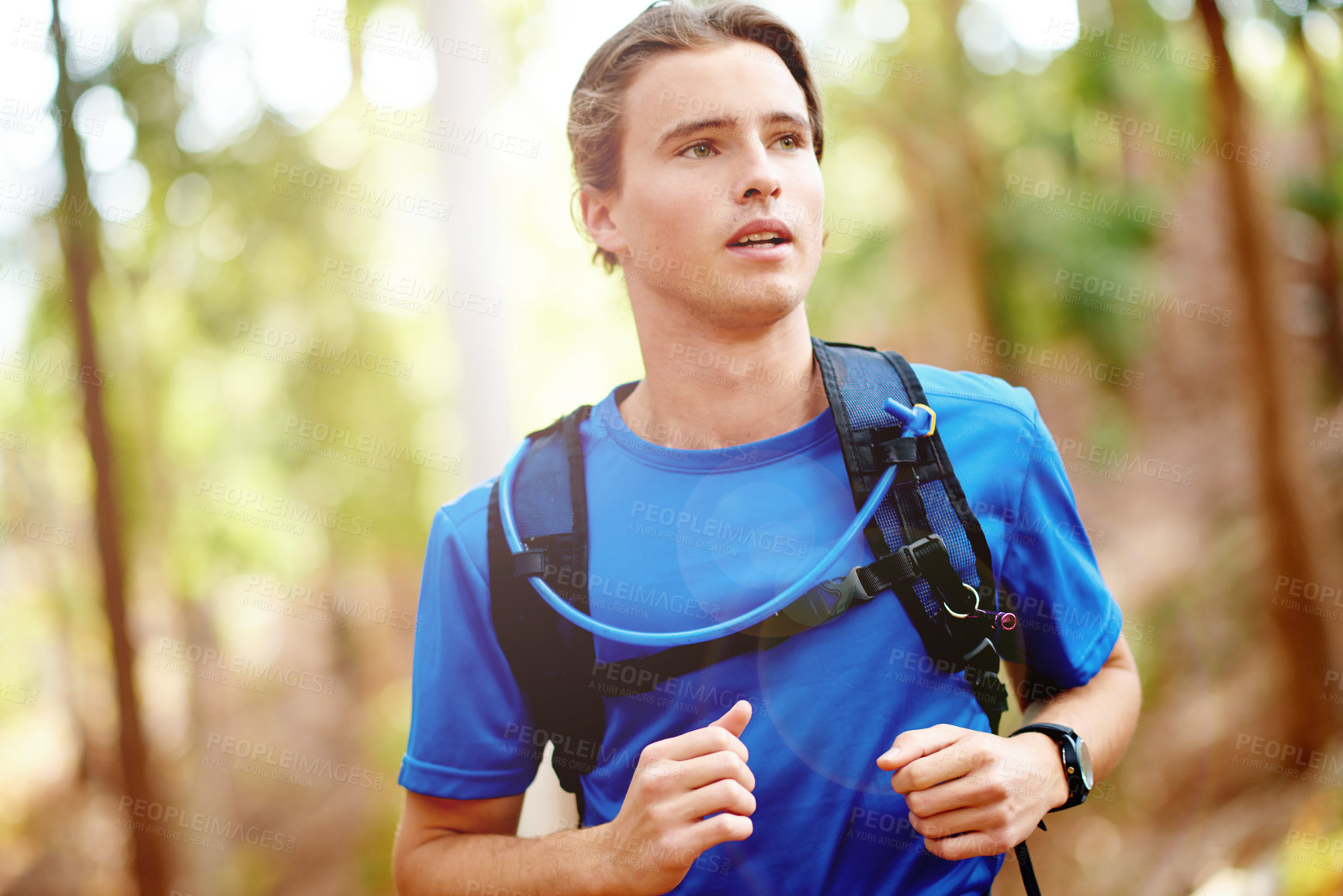 Buy stock photo Running, fitness and man in forest, training and wellness with challenge, cardio and workout. Healthy person, outdoor and athlete in woods, practice for marathon and endurance with exercise or runner