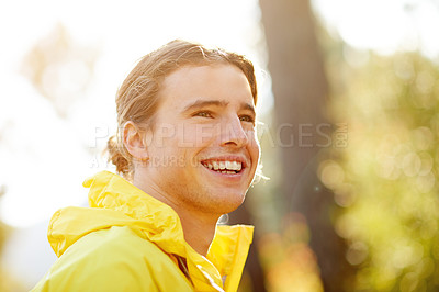 Buy stock photo Thinking, athlete and man for fitness in forest with ideas, planning and exercise for running path. Smile, male person and rest with thoughts of training reflection, workout break and sports recovery