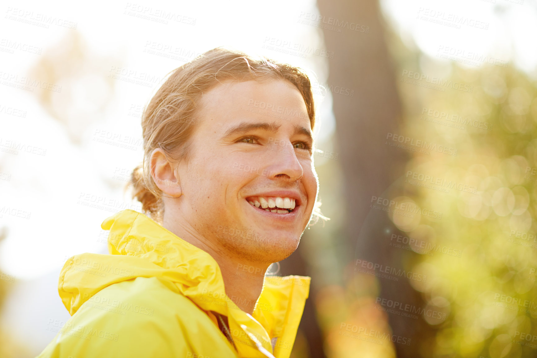 Buy stock photo Thinking, athlete and man for fitness in forest with ideas, planning and exercise for running path. Smile, male person and rest with thoughts of training reflection, workout break and sports recovery