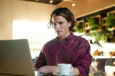 Buy stock photo Man, journalist and coffee with laptop in cafe for online research, remote business or service. Male person, freelancer or copywriting in restaurant with computer or cup for journalism or network