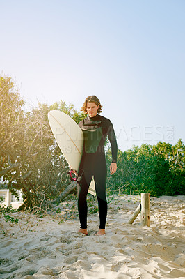 Buy stock photo Fitness, surfing and summer with man at beach for space, travel holiday and adventure. Water sports, surfboard and exercise with person outdoor for surfer training, tropical vacation and hobby