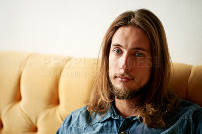 Buy stock photo Relax, calm and portrait of man on sofa for comfortable, wellness and confidence. Free time, wellbeing and pride with serious male person in living room at home for health, break and chilling