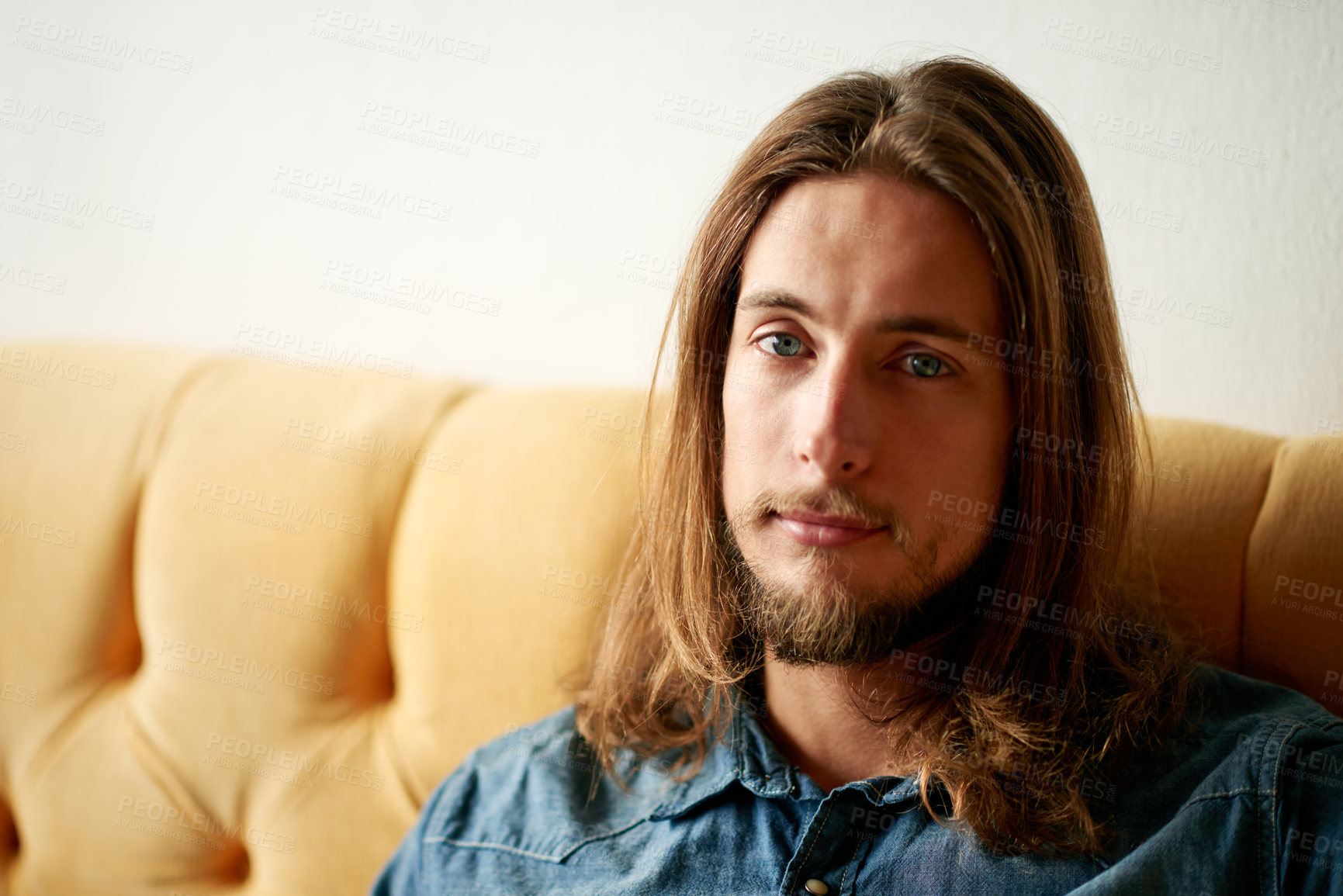 Buy stock photo Relax, calm and portrait of man on sofa for comfortable, wellness and confidence. Free time, wellbeing and pride with serious male person in living room at home for health, break and chilling