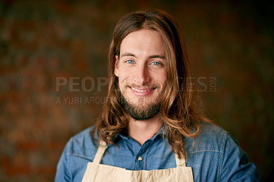 Buy stock photo Apron, portrait and smile of barista man in coffee shop for friendly hospitality or service. Confident, happy and proud store owner in cafe or restaurant for small business startup as entrepreneur