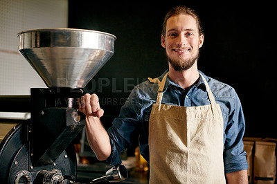 Buy stock photo Machine, coffee beans and portrait of man in cafe for roasting, fresh brew and caffeine granules. Small business, restaurant and person by roaster or grinder for espresso, latte and cappuccino