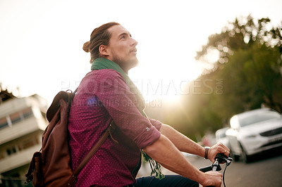 Buy stock photo Entrepreneur, thinking or man on bicycle in city for eco friendly transport, commute or leaving. Outdoor travel, street or designer on road in urban town with ride, fashion or bike for creative job