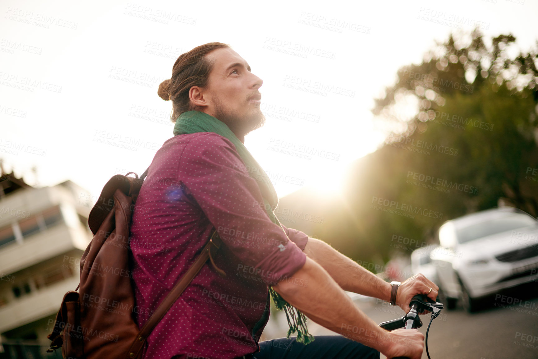 Buy stock photo Entrepreneur, thinking or man on bicycle in city for eco friendly transport, commute or leaving. Outdoor travel, street or designer on road in urban town with ride, fashion or bike for creative job