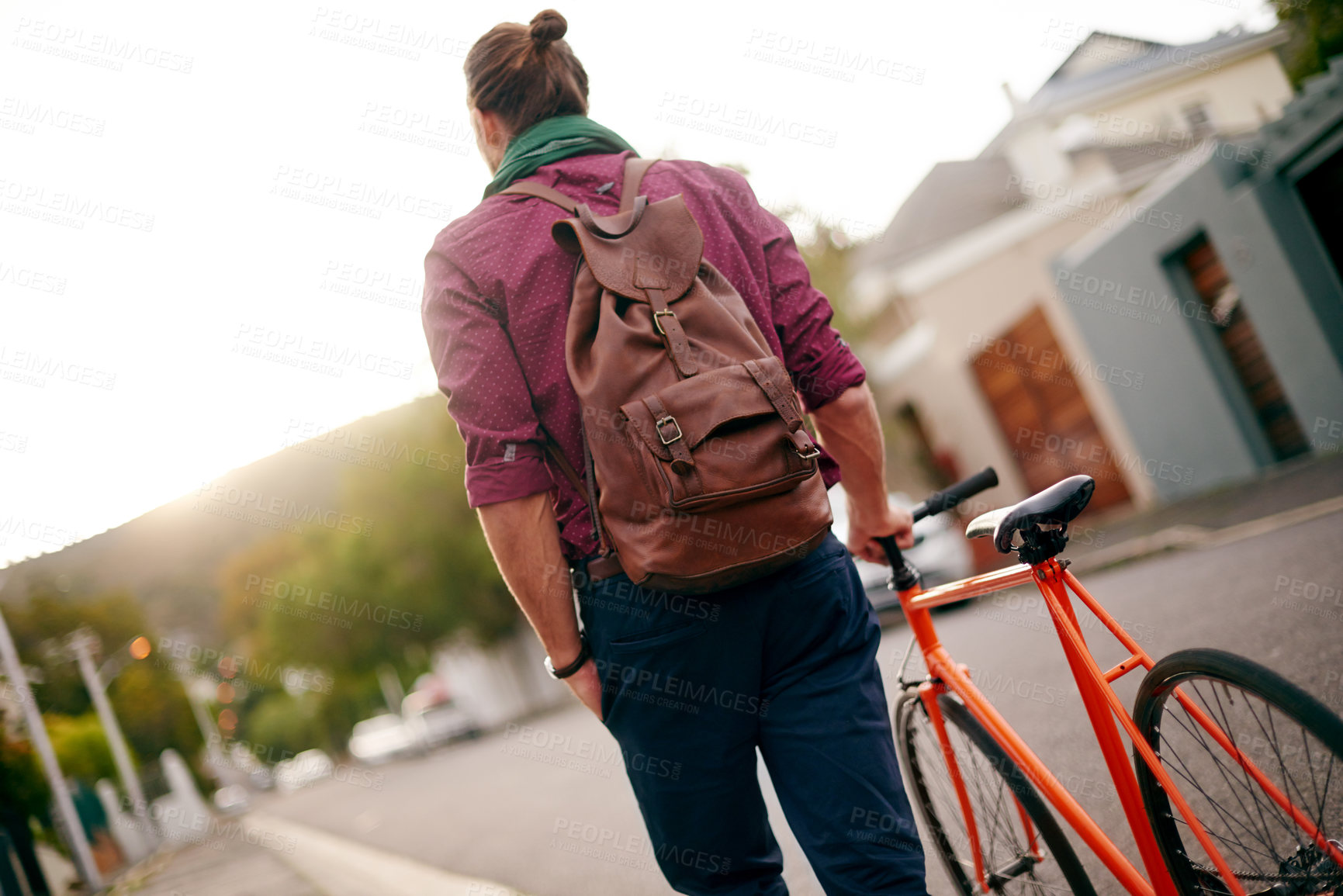 Buy stock photo Back, walk or man with bike in neighborhood for eco friendly transport, commute or entrepreneur. Cool, leaving or designer on road in urban town with city travel, fashion or bicycle for creative job