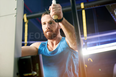 Buy stock photo Fitness, man and suspension equipment in gym for body, wellness and bodybuilding exercise. Active, strong and male athlete in training club with cable machine for muscle power, workout and health