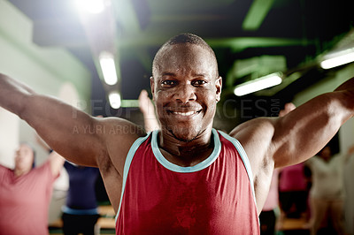 Buy stock photo Portrait, personal trainer and man in gym, stretching or coaching group in class, health and active. Instructor, exercise and warm up with people, balance and training for muscle, fitness and workout
