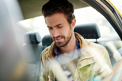 Buy stock photo Man, taxi and window with travel, smile and commute in morning with route, passenger and driving in town. Person, car and happy in vehicle with transportation services, ride and journey on holiday