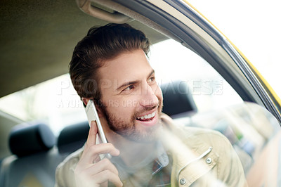 Buy stock photo Phone call, travel and man in car, smile and urban journey with network, connection and contact. Person, mobile user and traveller in city, vehicle and road trip with smartphone and communication