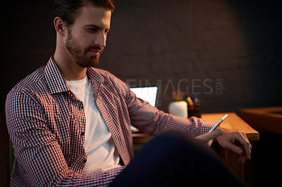 Buy stock photo Business, man and phone in office at night for publication break, article research or checking notifications. Journalist, overtime and happy with smartphone for schedule management or deadline update