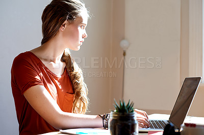 Buy stock photo Education, laptop and teen girl in study of home for college, school or university assessment. Computer, learning and research with student in campus apartment for development or scholarship