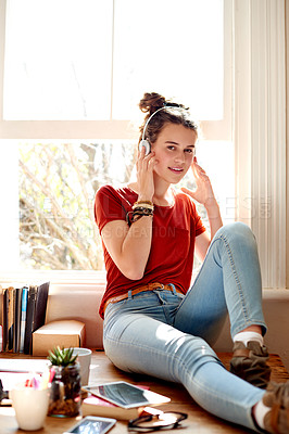 Buy stock photo Relax, home and portrait of girl with headphones for listening to music, audio and radio. Window, happy and female teenager streaming song, playlist and track for entertainment, chill and weekend