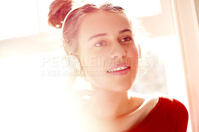 Buy stock photo Happy girl, headphones and listening with music in home for online streaming, audio or podcast. Female person, teenager or user with smile by window for sound, entertainment or song playlist at house