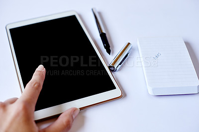 Buy stock photo Graphic designer, hands and notes with tablet screen for research, design or editing. Closeup, person and pen with UI, technology display or digital equipment for information, UX or online course