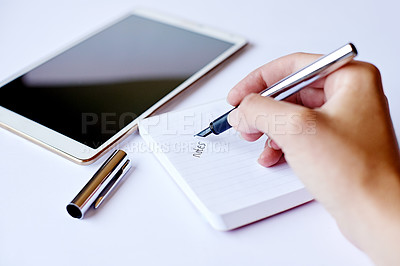 Buy stock photo Hand, writing and person with tablet, notebook and creativity with deadline, ideas and solution. Closeup, writer and professional with problem solving, editor and start project with schedule