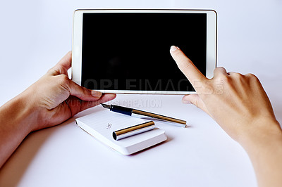 Buy stock photo Hands, pen and tablet screen with person at desk in office for design, planning or research. Display, finger and space with graphic designer in workplace for user experience or website development