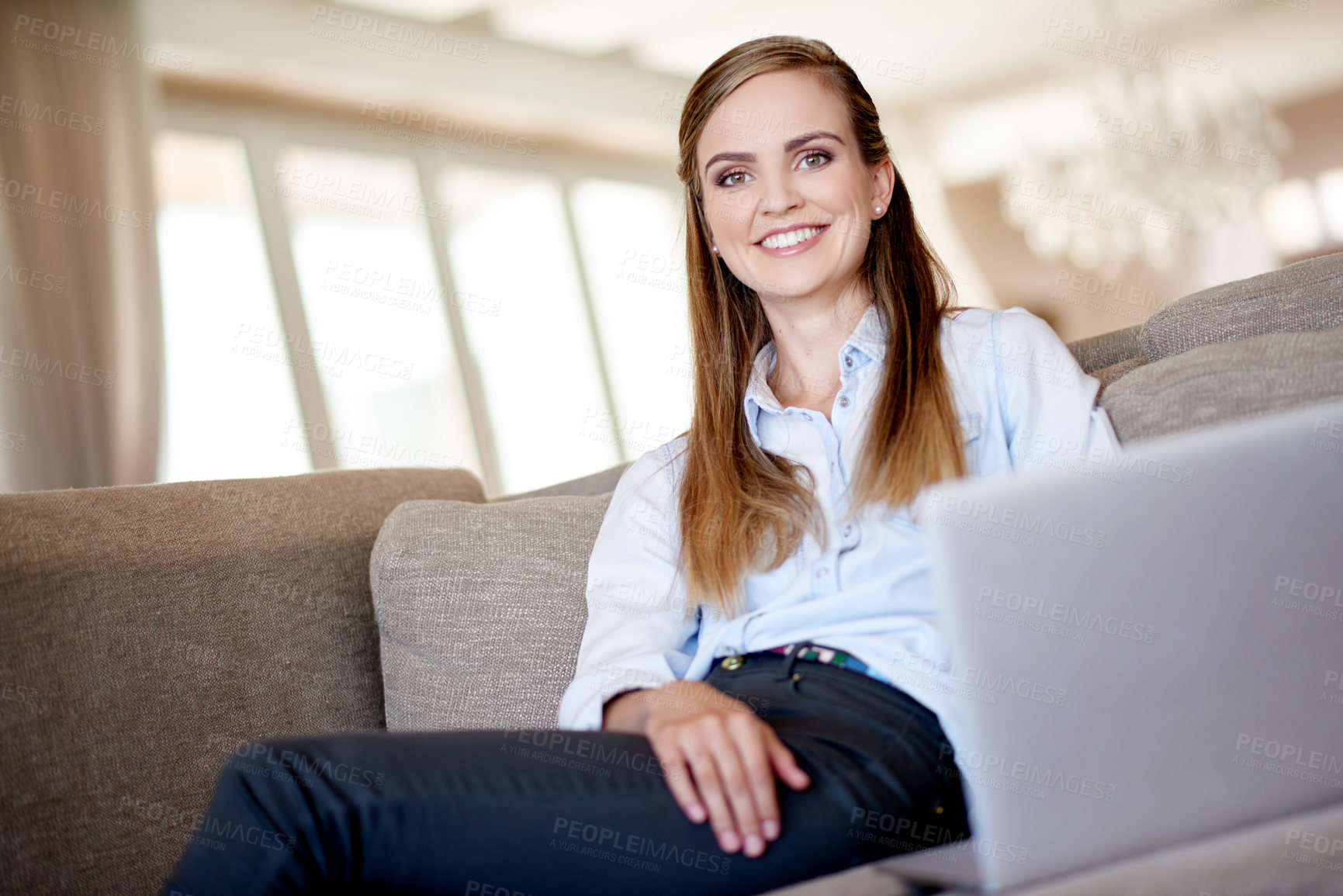 Buy stock photo Laptop, portrait and smile of woman on sofa in living room of home for education or research. Computer, learning and remote study with happy student in apartment for college or university scholarship