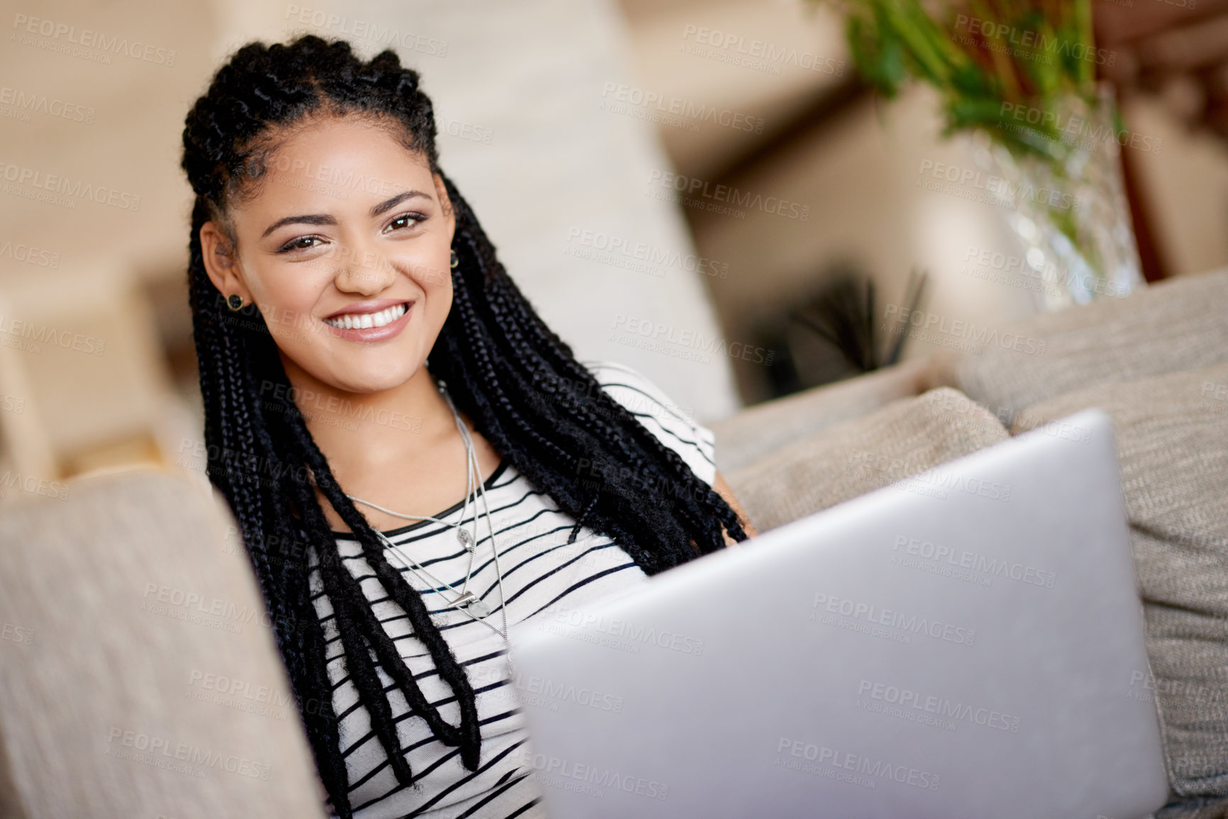 Buy stock photo Happy, laptop and portrait of woman on sofa in living room of home for education or research. Computer, learning and remote study with smile of student in apartment for university scholarship