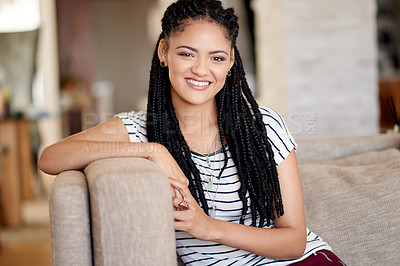 Buy stock photo Calm, student and portrait with woman on sofa for peace, comfortable and me time. College break, happiness and chill with female person in living room of home for weekend, resting and confidence