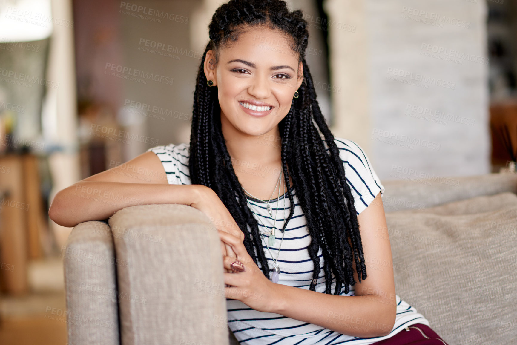 Buy stock photo Calm, student and portrait with woman on sofa for peace, comfortable and me time. College break, happiness and chill with female person in living room of home for weekend, resting and confidence