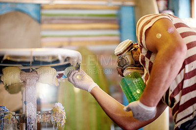 Buy stock photo Mask, resin and man with surfboard, fiberglass and creative for skills, talent and hobby. Craftsman, artist and entrepreneur with workshop for design, manufacturing and custom work for artisan craft