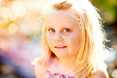 Buy stock photo Outdoor, portrait and girl child in summer with smile, childhood and relax in wellness for holiday. Travel, sunshine and person on adventure with bokeh, growth and development for happy memory