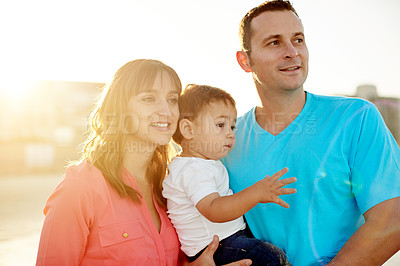 Buy stock photo View, sunshine and parents with child outdoor, boy toddler and family vacation with travel sightseeing. Adventure, summer and flare with man, woman and kid in nature for fresh air with bonding