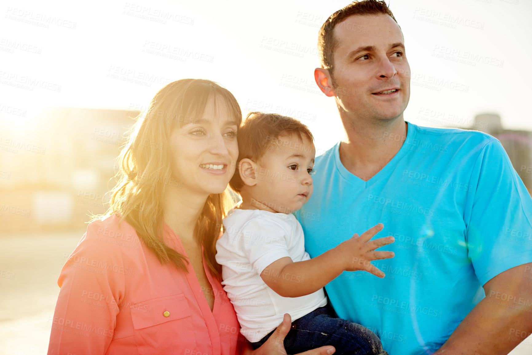 Buy stock photo View, sunshine and parents with child outdoor, boy toddler and family vacation with travel sightseeing. Adventure, summer and flare with man, woman and kid in nature for fresh air with bonding